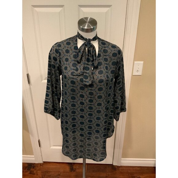 Allison Joy Black, Blue & White Floral Patterned Shirt W/Neck Tie Blouse, Size M - Picture 1 of 6